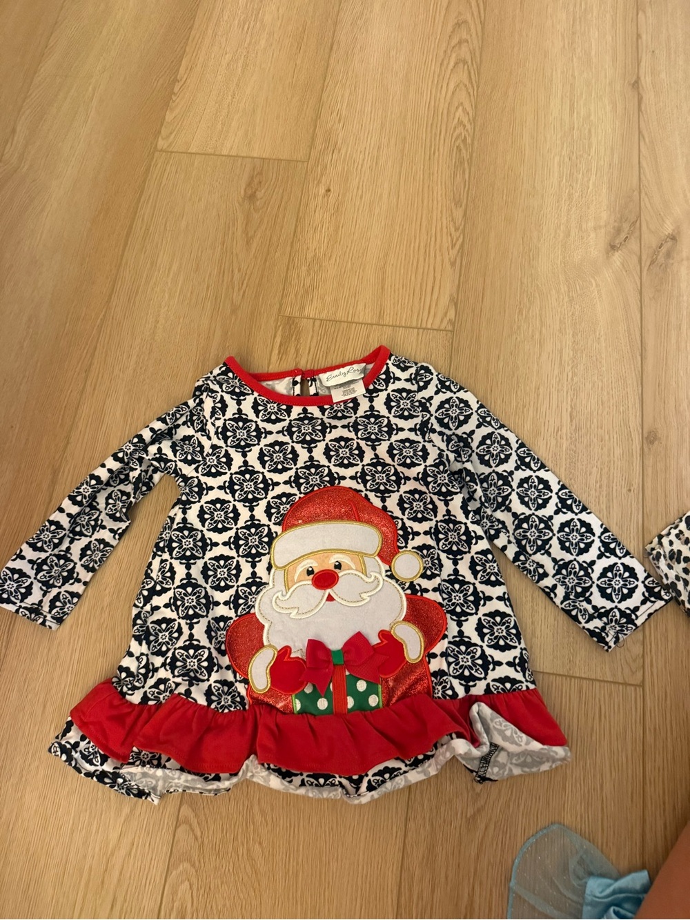 Emily Rose Black & White Patterned Santa Applique Long-Sleeve Top with Red Trim